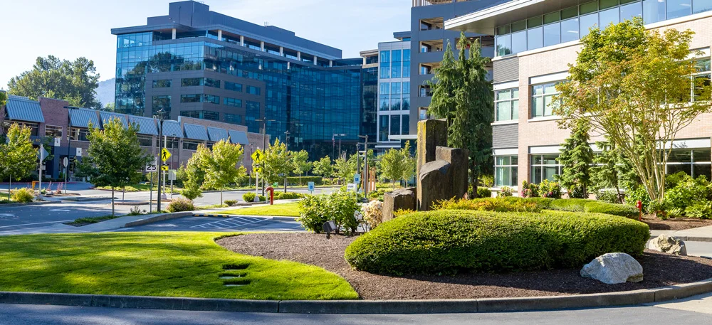 A modern office complex with glass buildings, manicured lawns, and landscaped shrubs under a clear sky. The view includes pathways, parking spaces, and trees in the background.