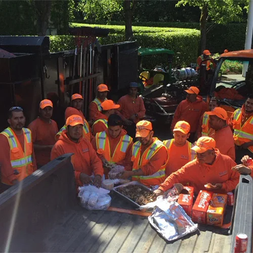 A group of workers in orange safety gear and hats are gathered around the back of a truck having lunch. They are outdoors, with gardening tools and a garden visible in the background.