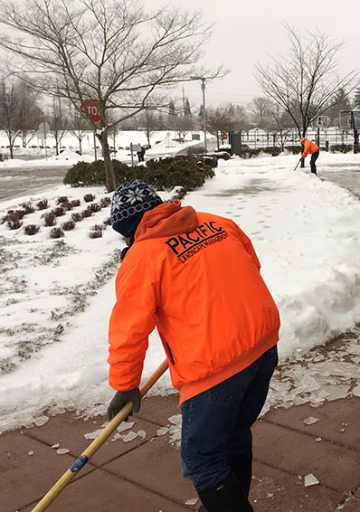Two people wearing bright orange jackets shovel snow off a pathway in a snowy park. The person in the foreground is shoveling; the person in the background is also clearing snow.