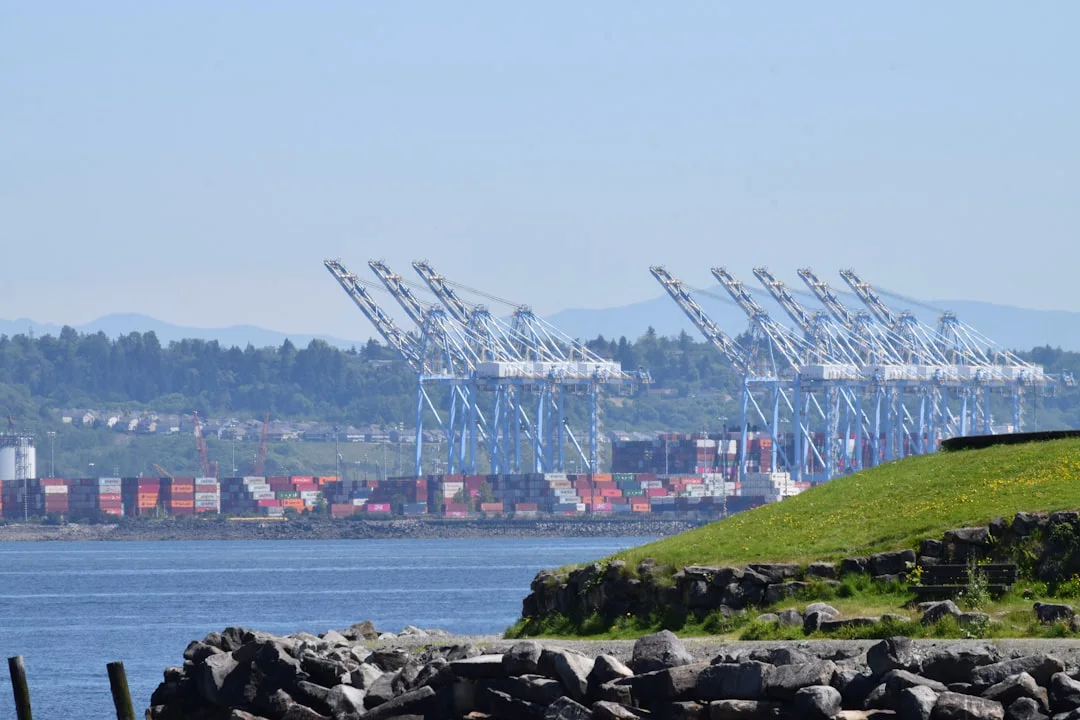 View of a port with large blue cranes lined up behind stacks of colorful shipping containers. A rocky shoreline with grassy areas is visible in the foreground.