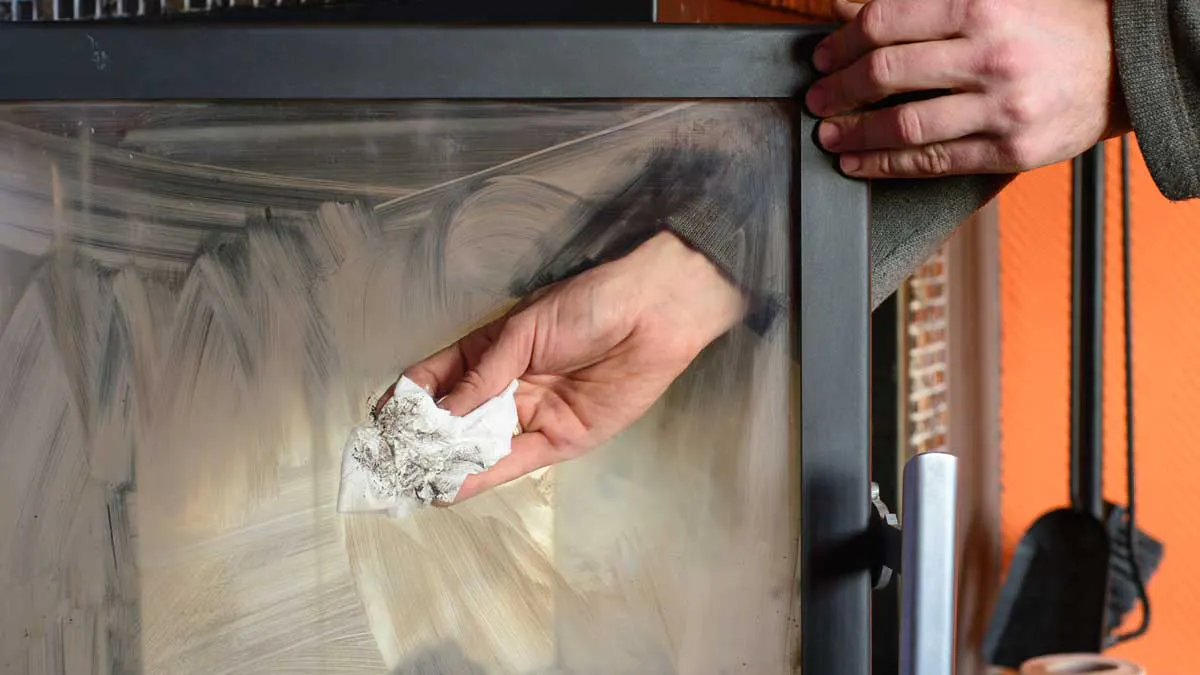 Wiping the front of a fireplace removing soot