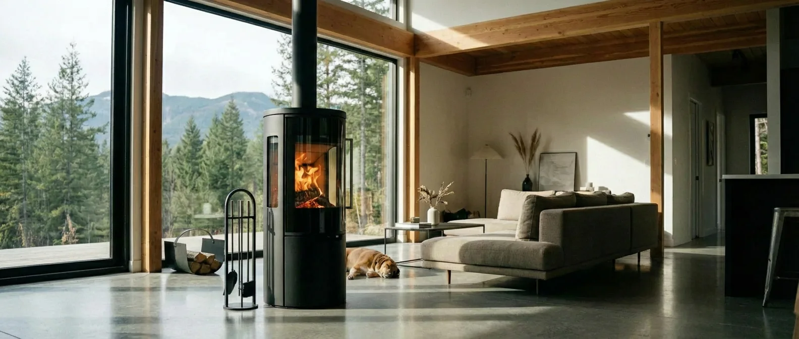 A modern EPA-certified wood stove in a sleek, contemporary living room
