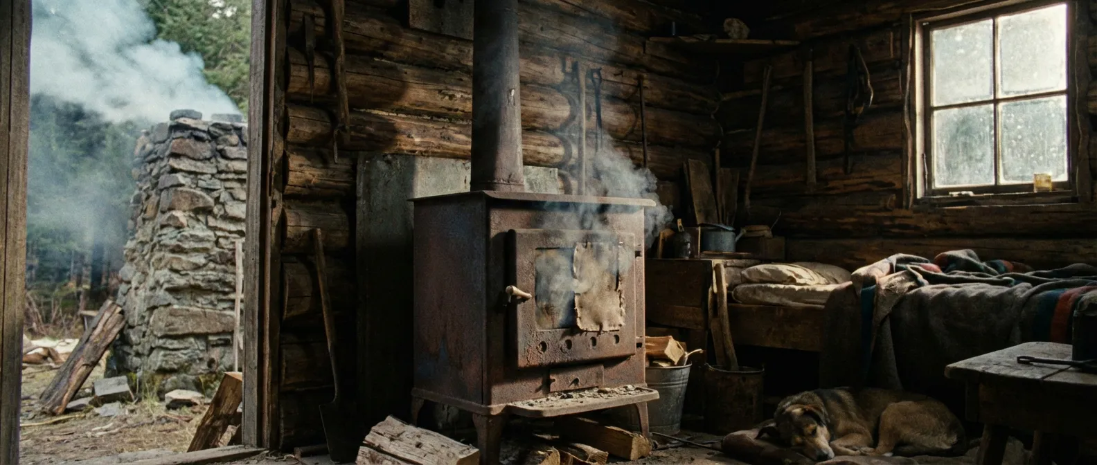 An old, inefficient wood stove with smoke coming out of the chimney in a rustic cabin setting