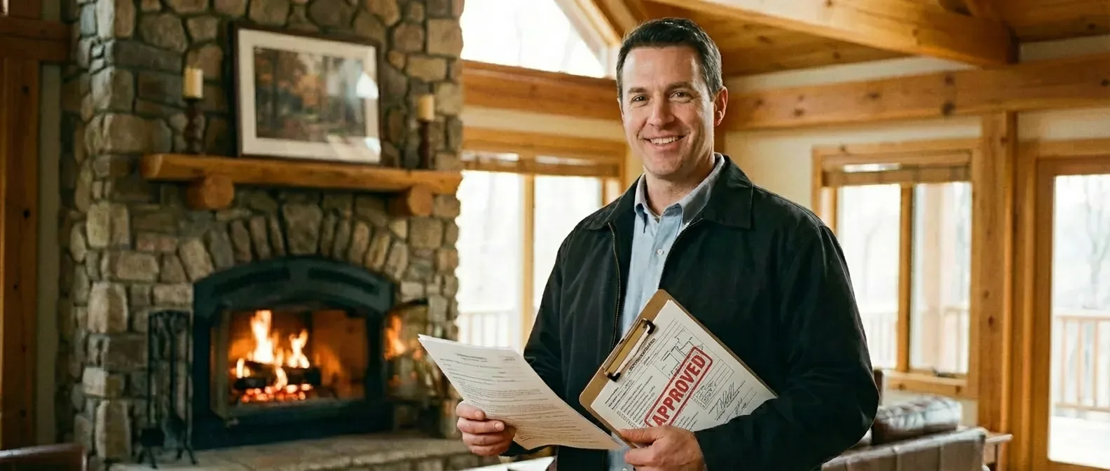 Smiling man holding clipboard stamped APPROVED and documents standing in a wood-paneled living room in front of a stone fireplace with a fire burning