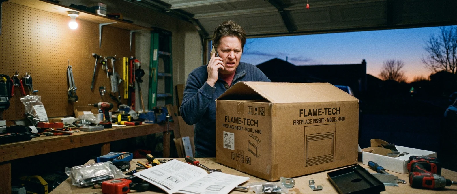 Person on phone examining a large cardboard box labeled FLAME-TECH fireplace insert in a cluttered garage workshop at dusk, tools and instruction manual on the workbench