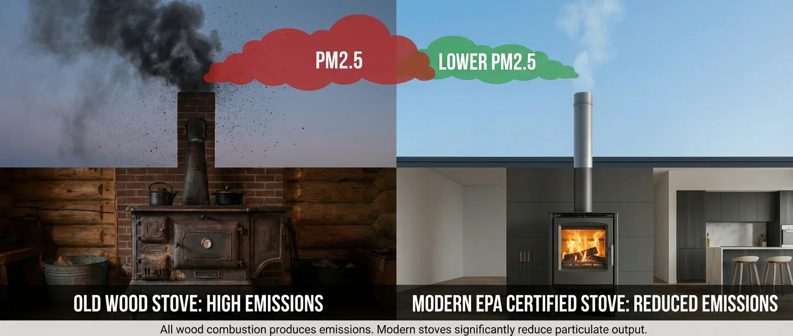 Comparison of emissions from an old wood stove versus a modern EPA-certified stove