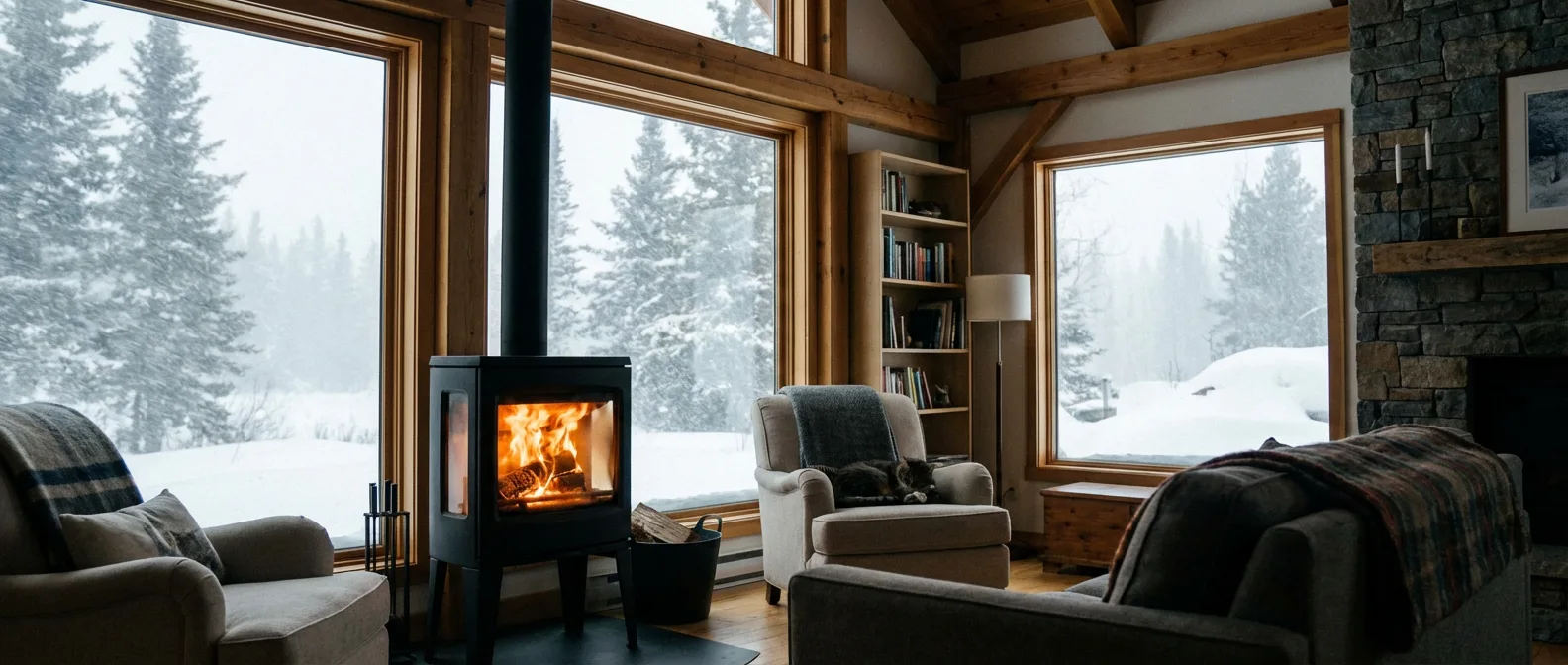 A cozy living room with a modern wood stove burning during a winter storm