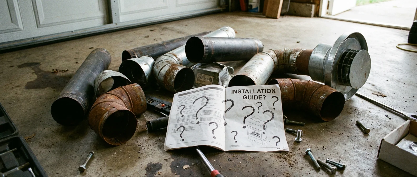 Open installation guide marked with question marks lying among rusted metal duct pipes, bolts and tools scattered on a concrete garage floor