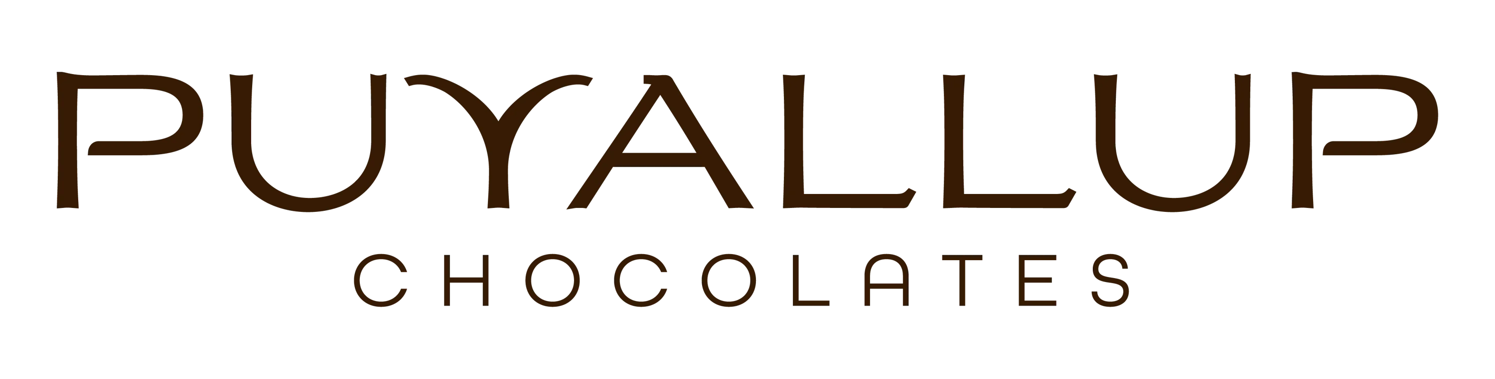 Logo of Puyallup Chocolates with stylized brown text on a black background.