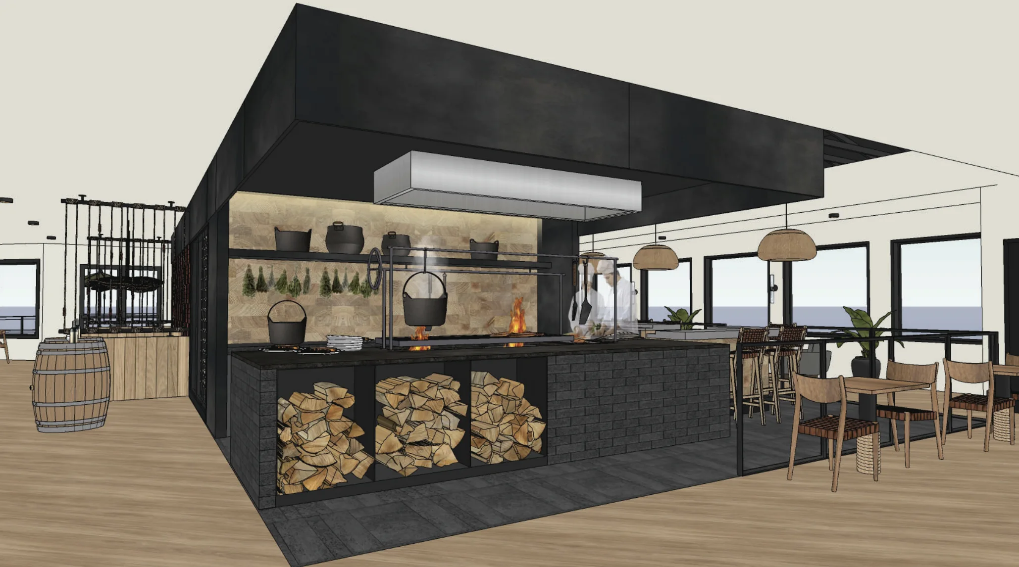 A modern kitchen with a central cooking area featuring hanging pots and a fire. Shelves hold additional cookware. Wood logs are stored below the counter. The dining area has tables and chairs.