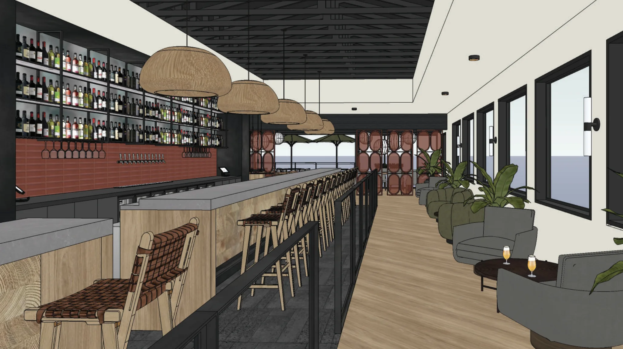 A modern bar interior with wooden stools, a long counter, hanging lights, shelves filled with liquor bottles, a lounge area with chairs, plants, and large windows.