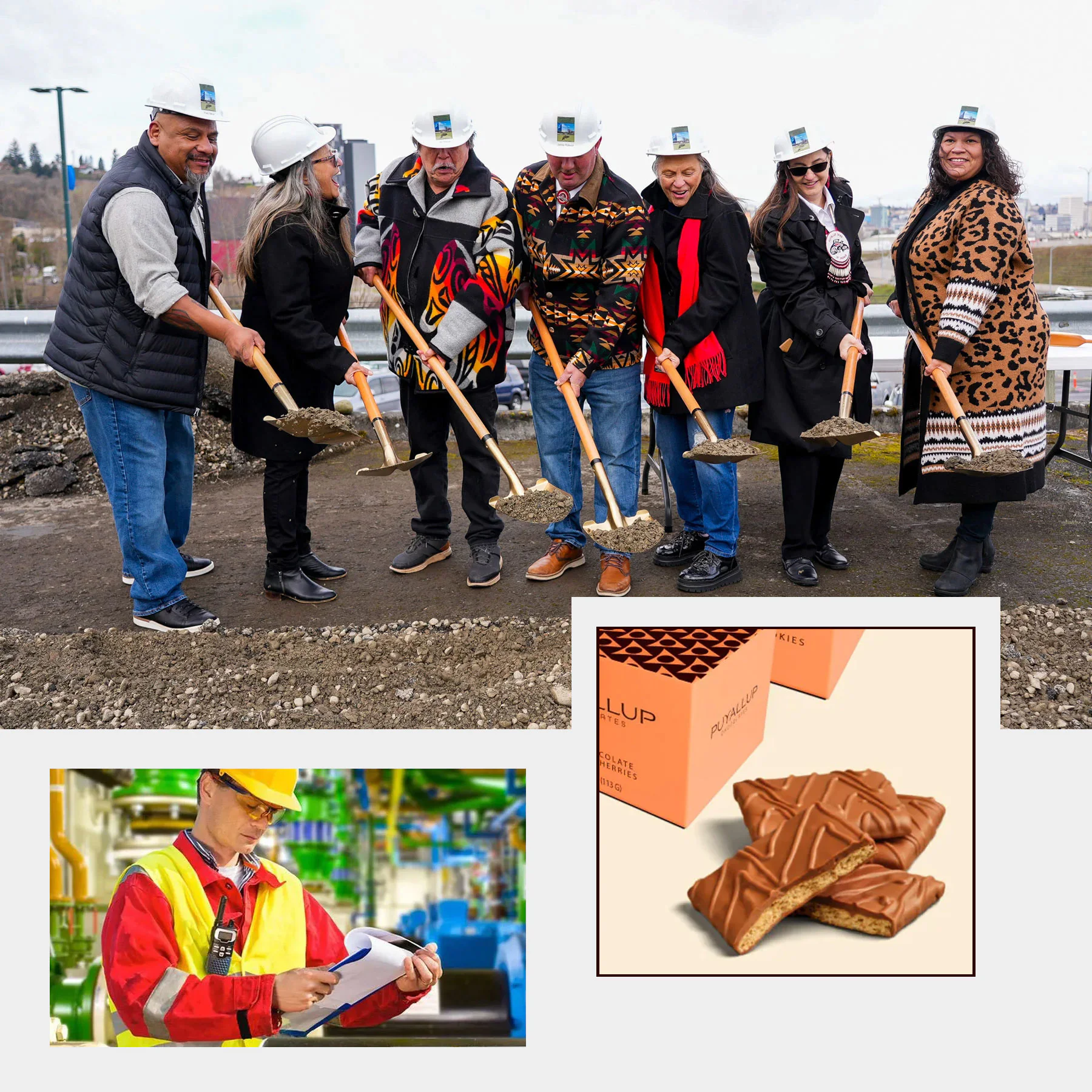 A group wearing hard hats holds shovels at a groundbreaking event. Below, a worker in safety gear inspects a clipboard. Nearby is a chocolate-covered waffle snack.
