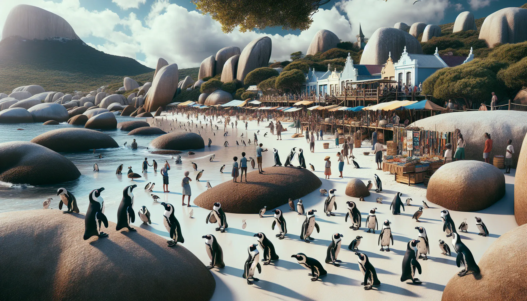 A scenic beach with numerous penguins interacting with tourists. People explore market stalls and admire the large rounded rocks and picturesque buildings. Mountains in the background.