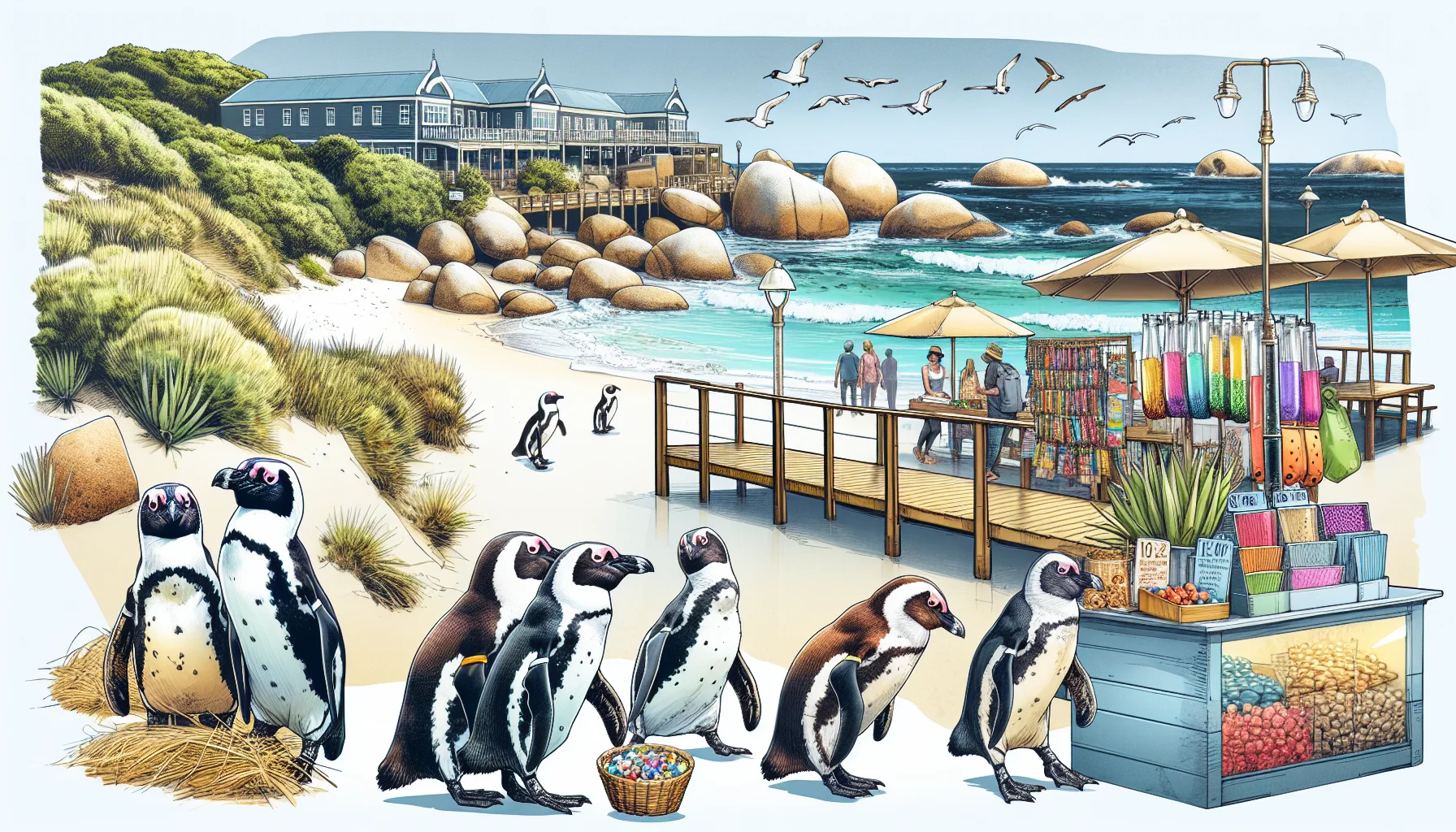 Create a vibrant and detailed image that showcases Boulders Beach in Simon's Town, South Africa. Include the scenic beauty of the beach, populated with playful penguins, known as 'tuxedoed critters,' waddling around. The image should reflect boardwalks winding through dunes, allowing tourists a respectful view of the penguins in their natural habitat. Another focus should be the vibrant local scene, with vendors selling handmade crafts, African art, and treats such as ice cream. The backdrop of the image should contain elements of Simon's Town's historic Victorian architecture, its coastal charm, and indicators of its fresh seafood culture. The overall tone of the image should be casual, welcoming, and full of the spirit of adventure and discovery, portraying not just the beach but also the lively local community and seaside ambiance. Use the style of a fashion illustration and color markers.