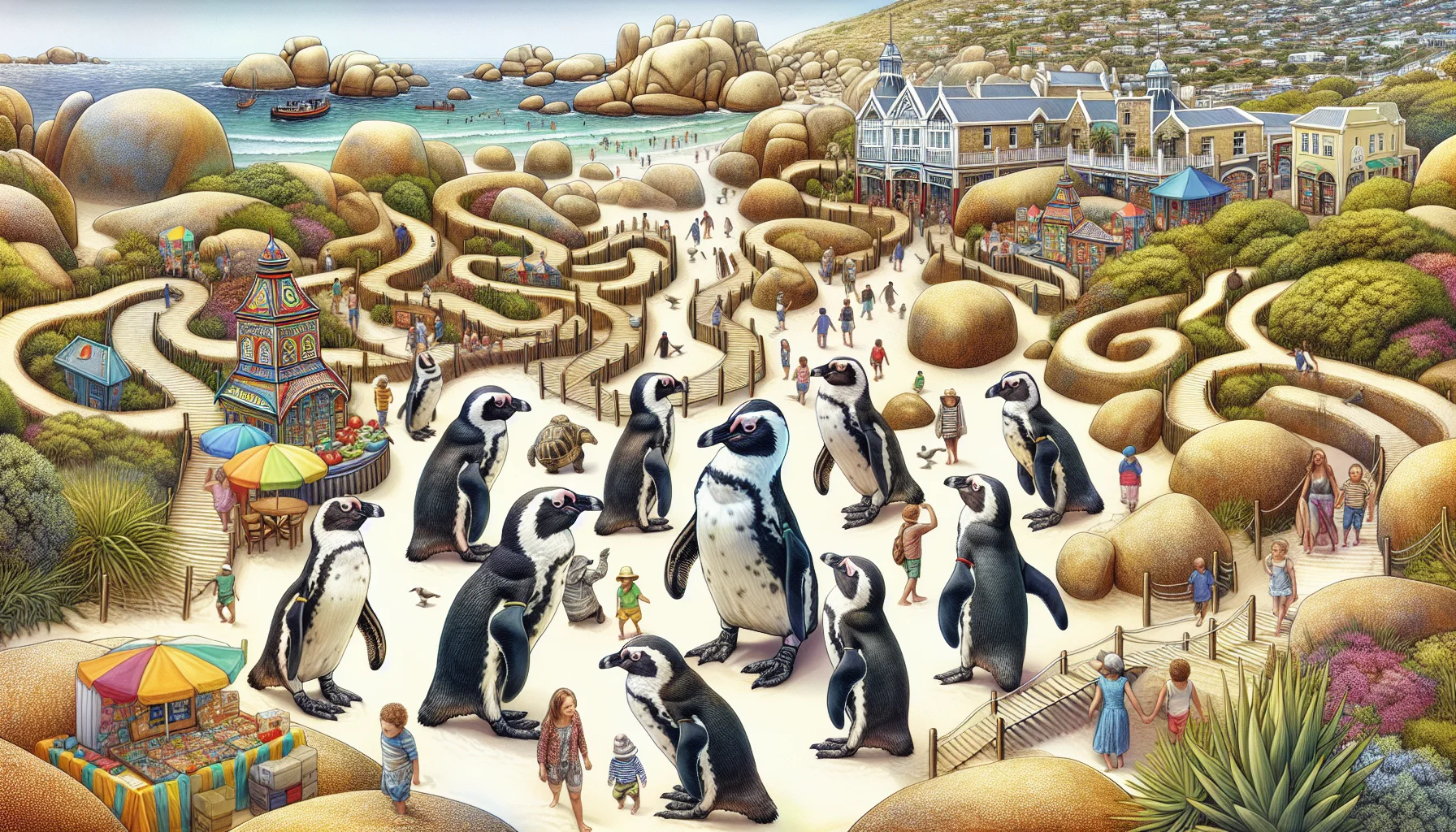 Create a detailed, playful image that captures the essence of Boulders Beach in Simon's Town, South Africa. Centre the image around a group of whimsical penguins waddling freely on a scenic beach scattered with boulders, a characteristic of the location. Weave in elements of winding, maze-like boardwalks that navigate through sand dunes, with visitors delightfully experiencing the charming spectacle. Show the vibrant local market in the foreground filled with vendors and their colourful stalls selling handmade African crafts. In the background, illustrate a quaint town with Victorian-style buildings and hints of maritime setup adding a cultural dimension to the beach scenery. Finally, infuse the image with a lively atmosphere by adding families, tourists enjoying the beach, and some respectfully taking selfies with the penguins. The image should evoke a sense of light-heartedness and enchantment in its vivid depiction of this unique penguin paradise.