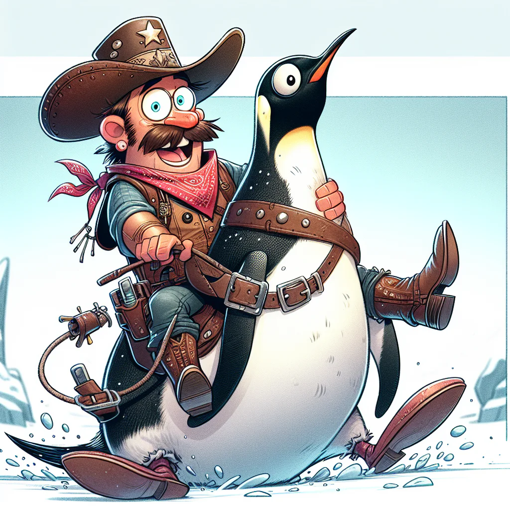 Cowboy cartoon character rides a large penguin on an icy surface, wearing a hat, boots, and bandana, with a big smile and wide eyes, conveying excitement and adventure.