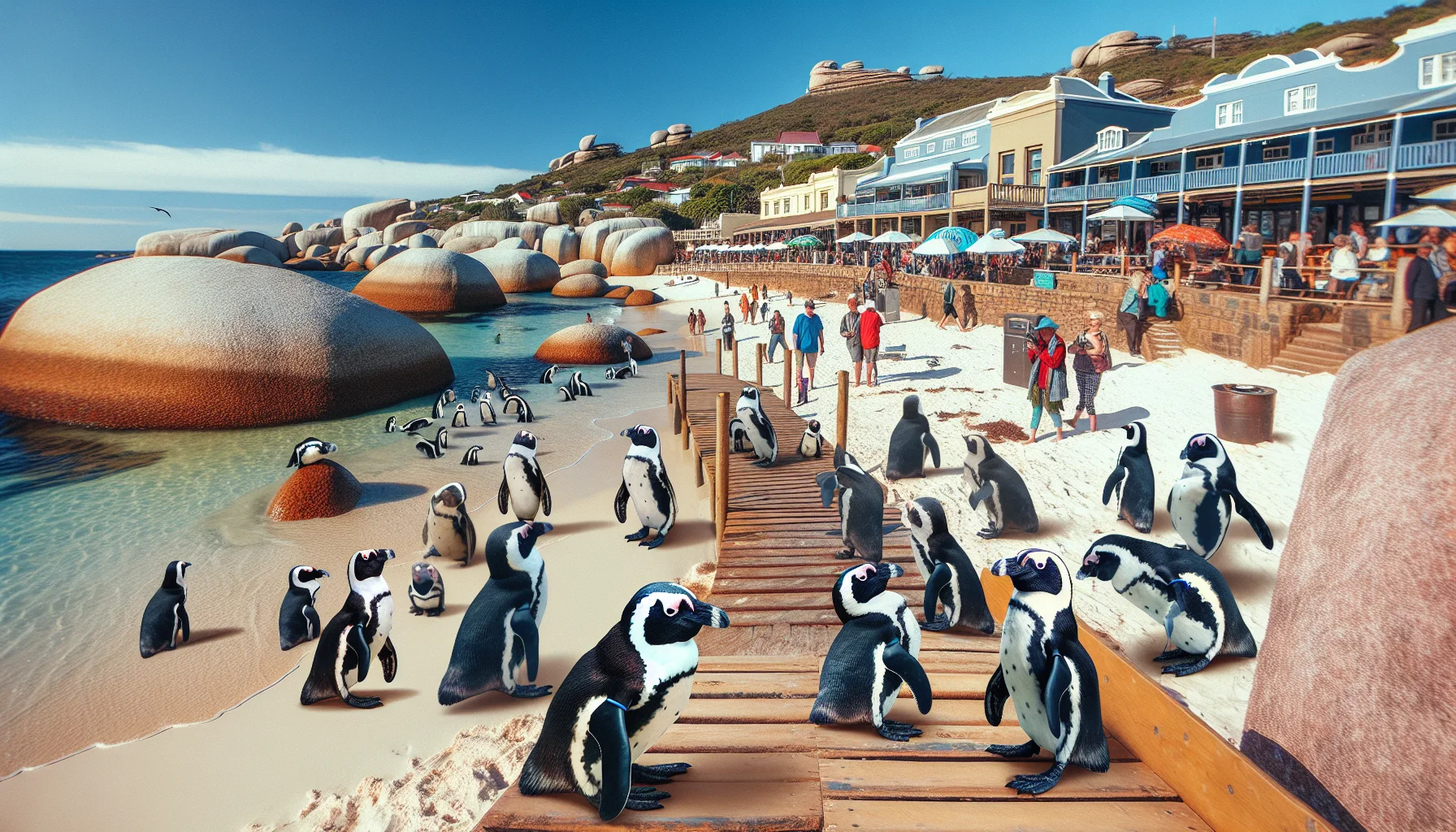 Create an image capturing Boulders beach in Simon's Town, South Africa, characterized by sandy stretches, iconic large boulders and unique boardwalks. The image showcases a thriving colony of adorable African penguins engaged in natural behaviors like fishing and sunbathing. Tourists, of mixed descents and genders, respecting the wildlife, are navigating the boardwalks, snapping photos. Handmade crafts and African art are sold by local vendors of diverse descents and genders, against a backdrop of clean amenities. The picturesque Victorian architecture of Simon's Town complements the scene. Inject it with a playful, inviting, and slightly whimsical tone, highlighting the interaction between the delightful penguins and the welcoming human visitors.