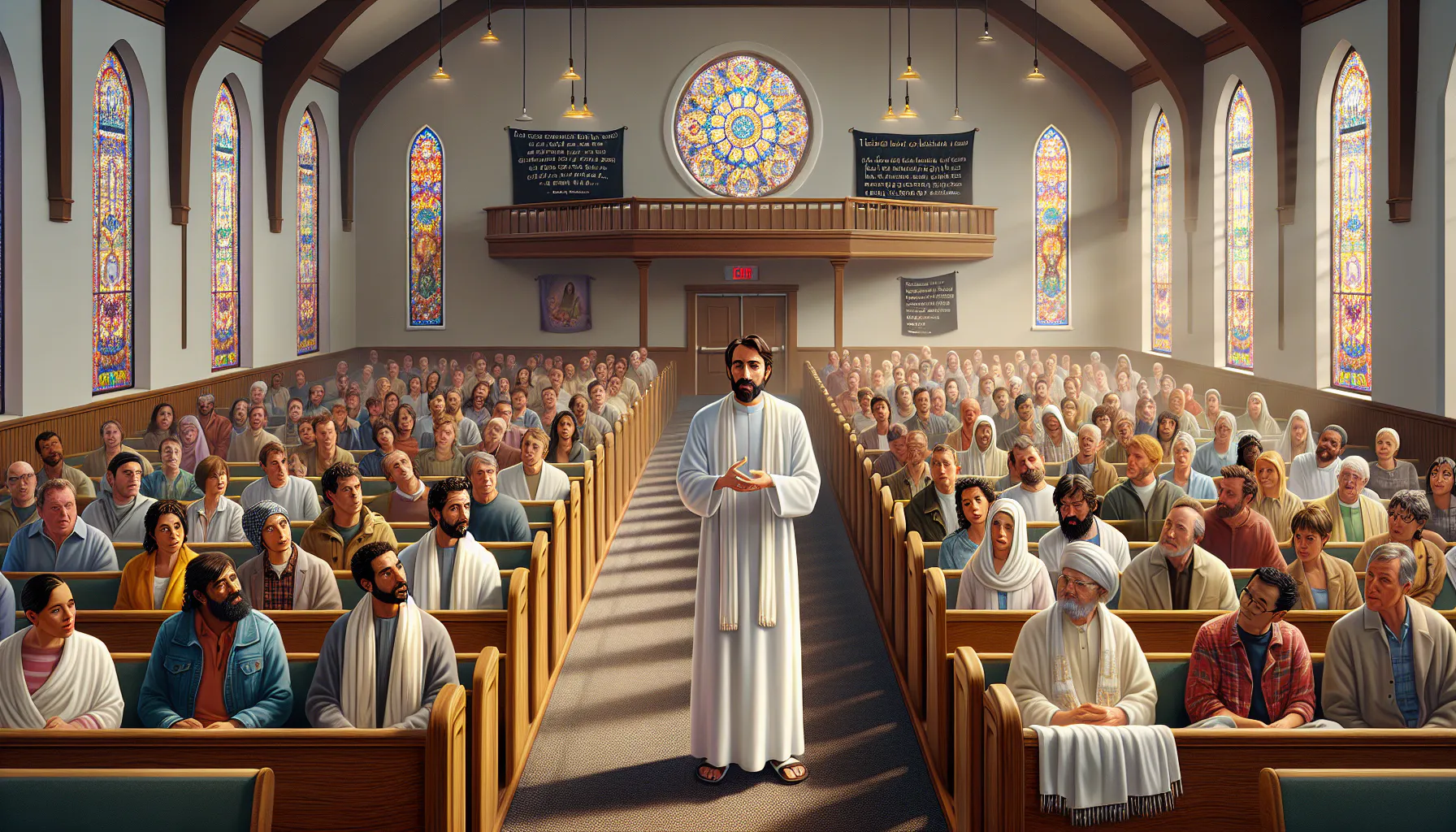 A man in white robes stands in the aisle of a church filled with diverse people sitting in pews, with stained glass windows and a large circular window in the background.