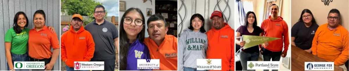 Students with their families, wearing university gear from University of Oregon, Western Oregon, University of Washington, William & Mary, Portland State, and George Fox University.