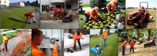 Collage of landscapers performing various tasks: mowing, planting flowers, using machinery, adjusting a control panel, and spreading soil. Workers wear orange shirts.