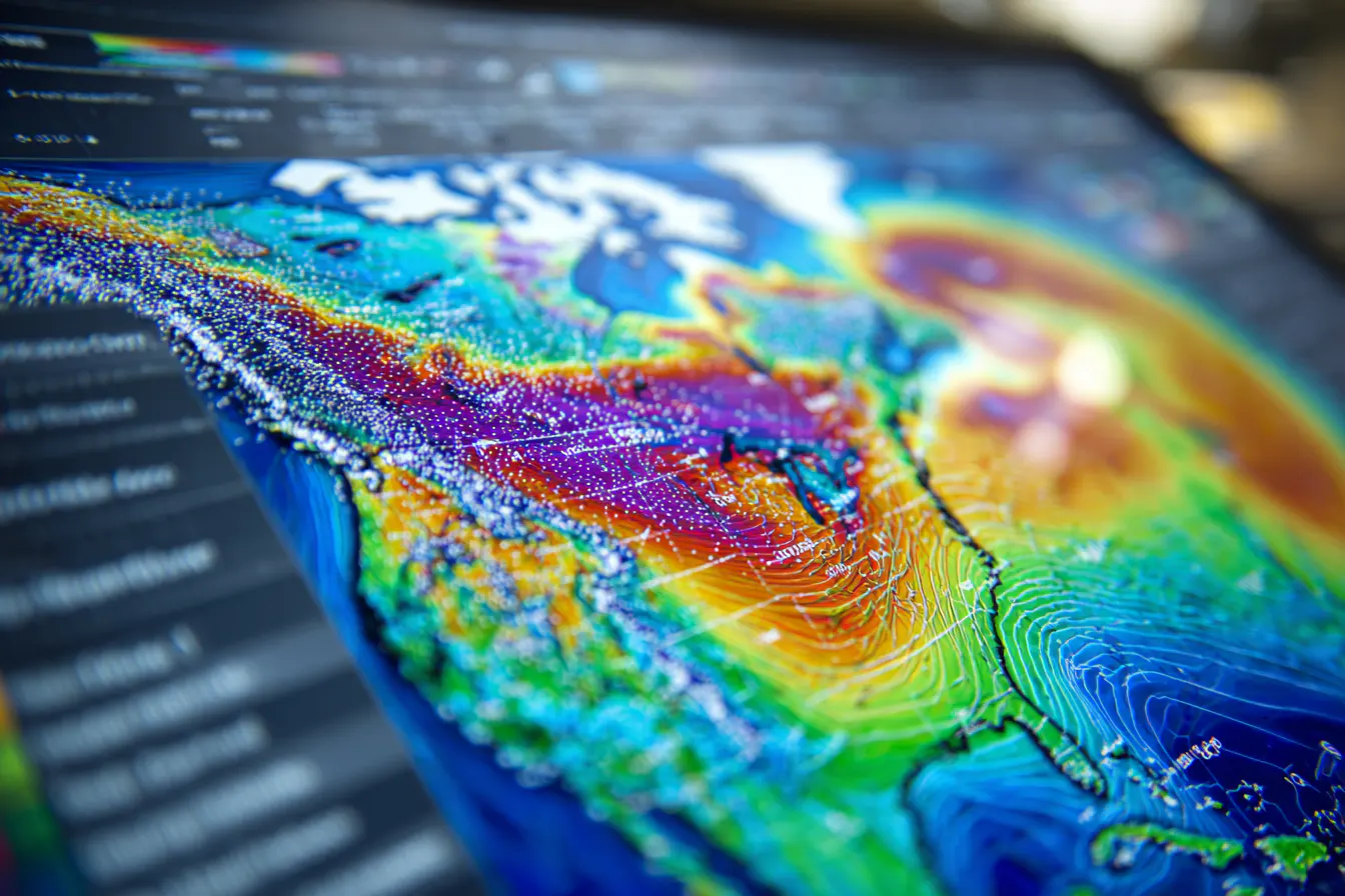 Close-up of a weather simulation map displaying North America with vibrant colors and data overlays, indicating various weather patterns and systems across the region.