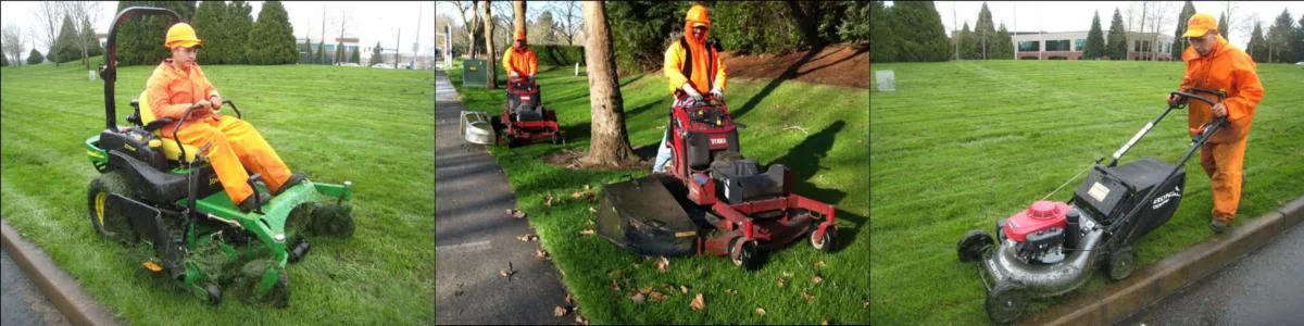 Three images of a person in orange safety gear operating different lawn mowers on a grassy area: a sit-down mower, a stand-on mower, and a push mower.