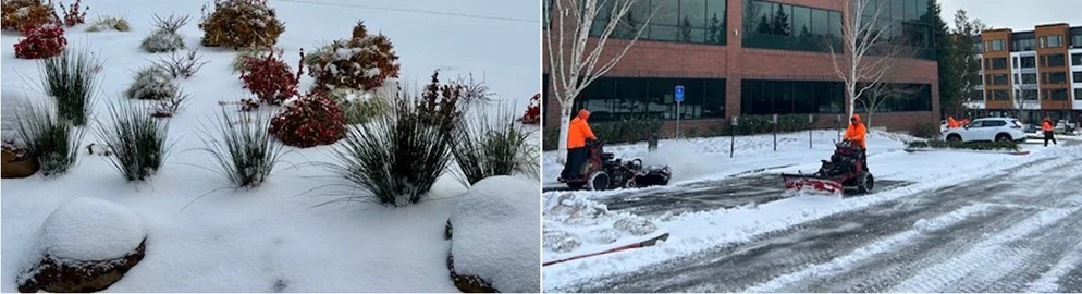 Left: Snow-covered shrubs and plants in a landscaped area. Right: Two workers in orange jackets use snow plows to clear a commercial parking lot near a brick building.