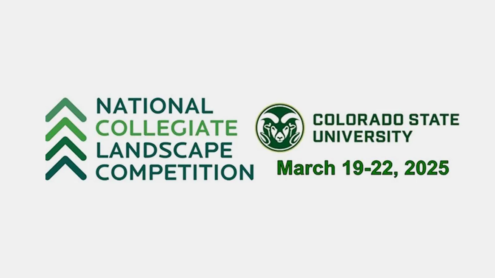 Logo for the National Collegiate Landscape Competition at Colorado State University, scheduled for March 19-22, 2025, featuring a ram head emblem.