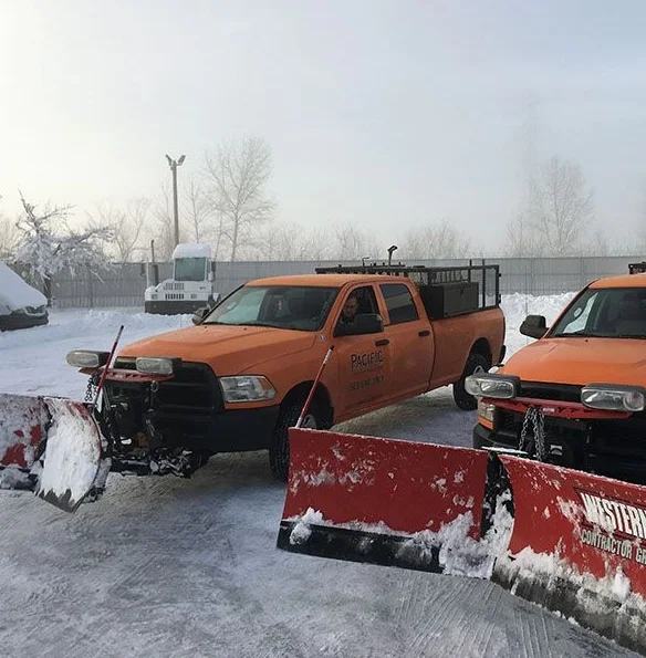 Two orange trucks equipped with snow plows on their fronts are parked in a snowy area. One truck has its door open and a driver inside. The trucks are labeled 