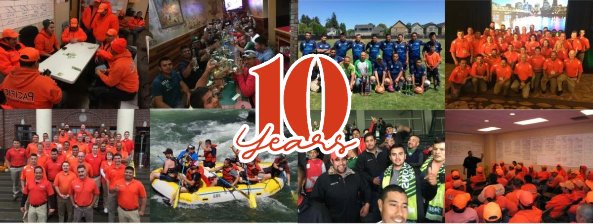 Collage of people in orange attire at various events, celebrating with activities like meetings and rafting. Large text in the center reads 