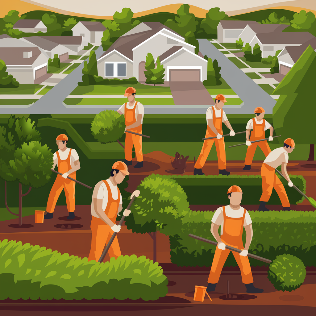 Illustration of landscapers in orange uniforms trimming hedges and bushes in a suburban area, with rows of houses and green trees in the background.