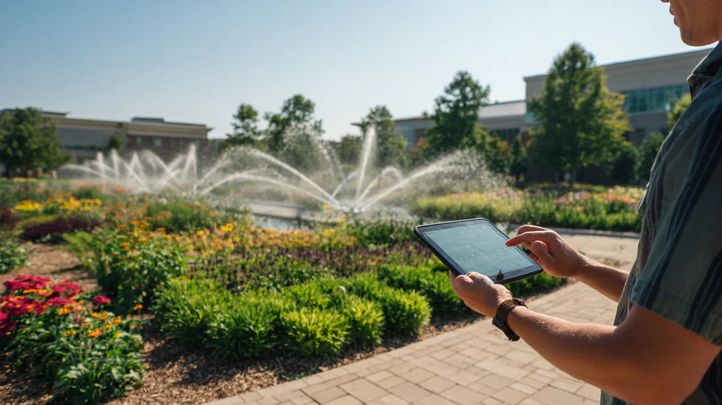 A person uses a tablet in a landscaped park with colorful flowers and a fountain. Trees and buildings are visible in the background under a clear sky.