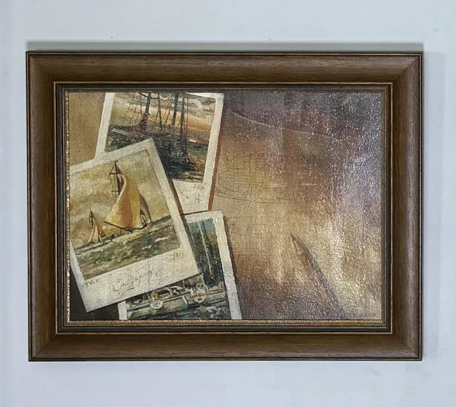 Framed artwork featuring several overlaid images of sailboats and scenic views, giving a nostalgic, vintage feel. The background is textured with a warm gradient.