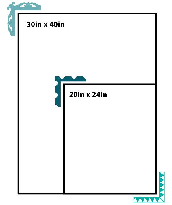 A large square with a small square inside it, both with thick black outlines. Blue decorative elements with a gear pattern appear on two corners of each square.