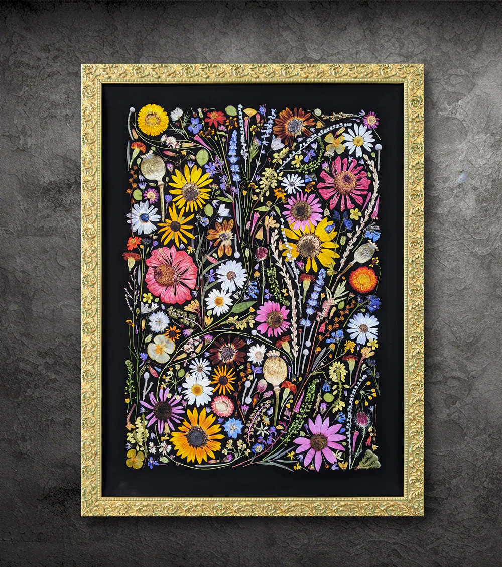 A framed artwork on a gray textured wall featuring a vibrant assortment of pressed flowers, including daisies, sunflowers, and other colorful blooms, arranged on a black background.