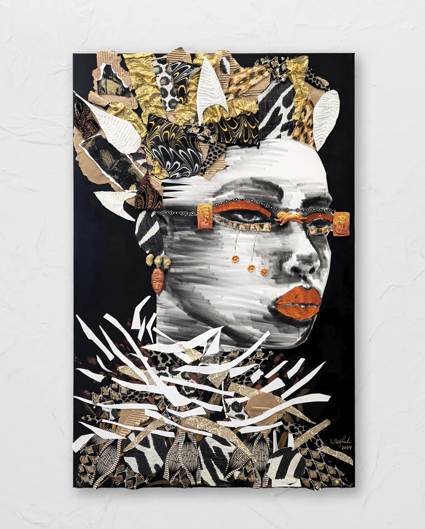 A mixed media artwork of a stylized human face with bold orange lips, textured hair made from fabric scraps, and abstract patterns in black, white, and gold on a dark background.