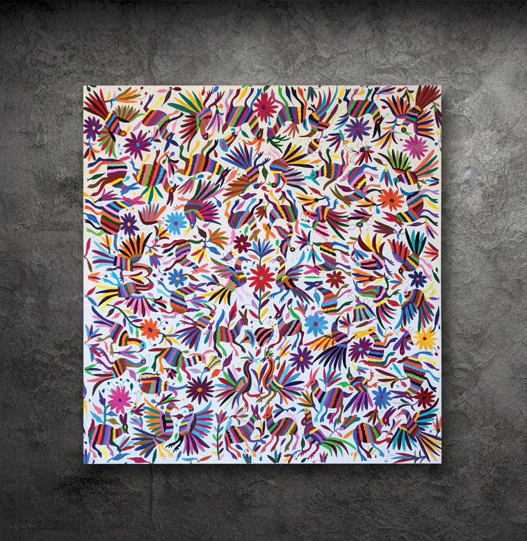 A vibrant, colorful painting featuring various animals, flowers, and leaves in a lively mix of patterns and hues, displayed against a textured gray wall.