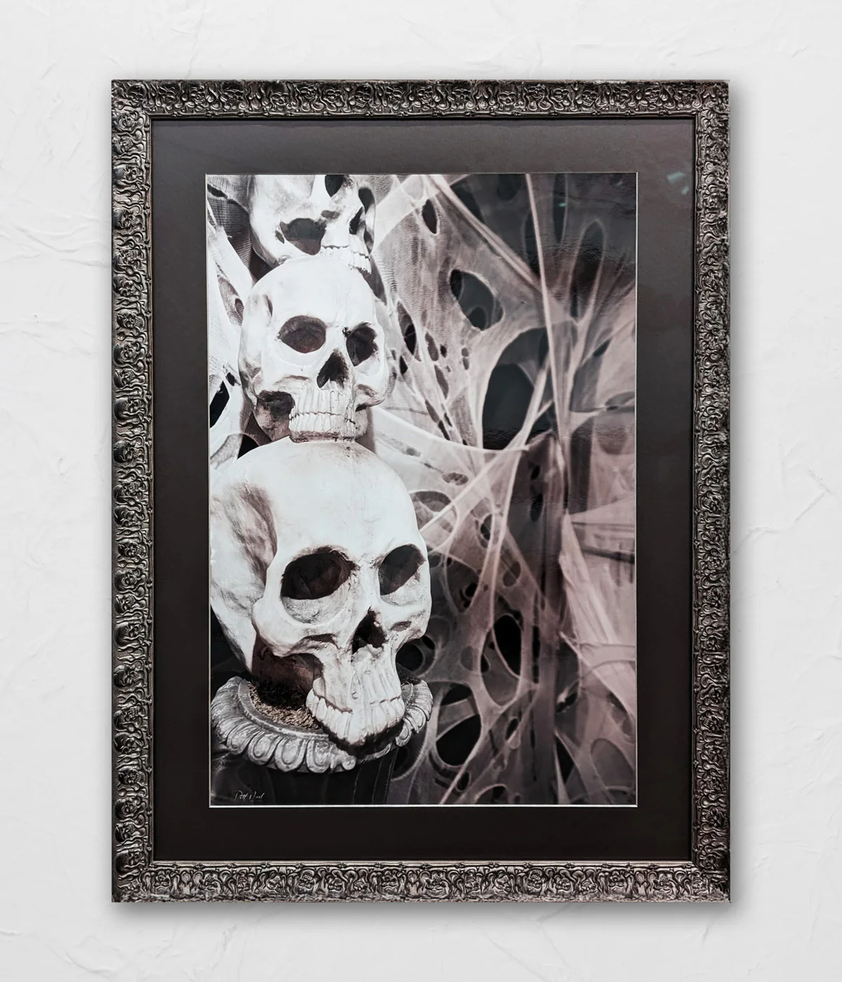 Framed artwork depicting several skulls stacked vertically with a background of translucent, web-like material. The dark, ornate frame contrasts with the light textured wall.