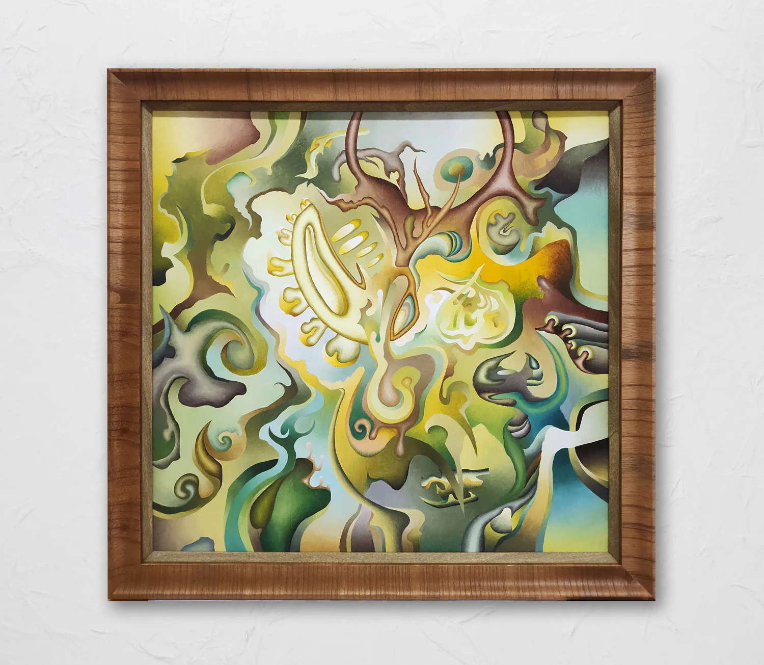 Abstract painting with swirling shapes and vibrant colors in shades of green, yellow, brown, and blue, enclosed in a wooden frame. The design resembles organic forms and fluid movements.