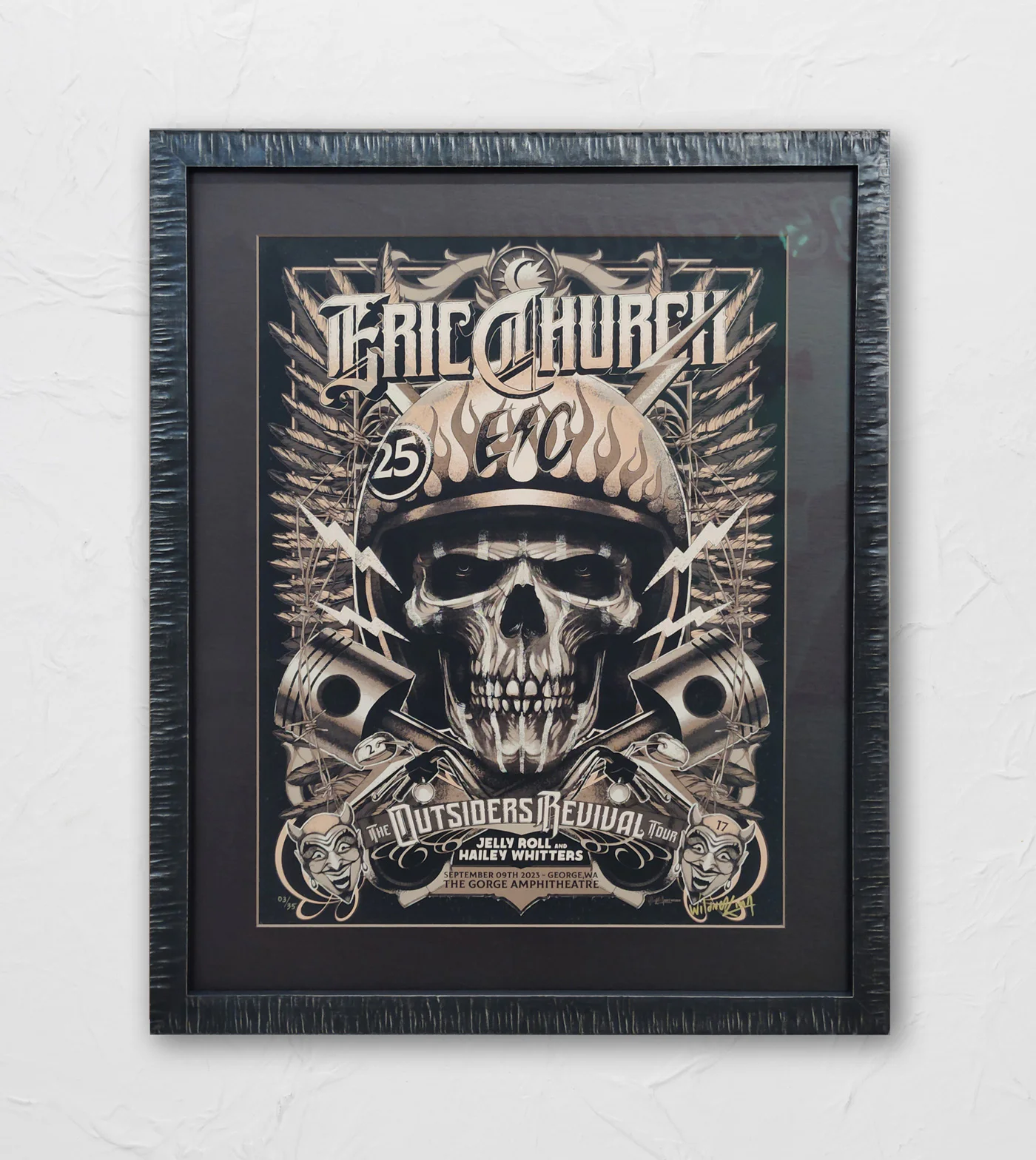 Framed poster featuring a skull wearing a helmet with text 