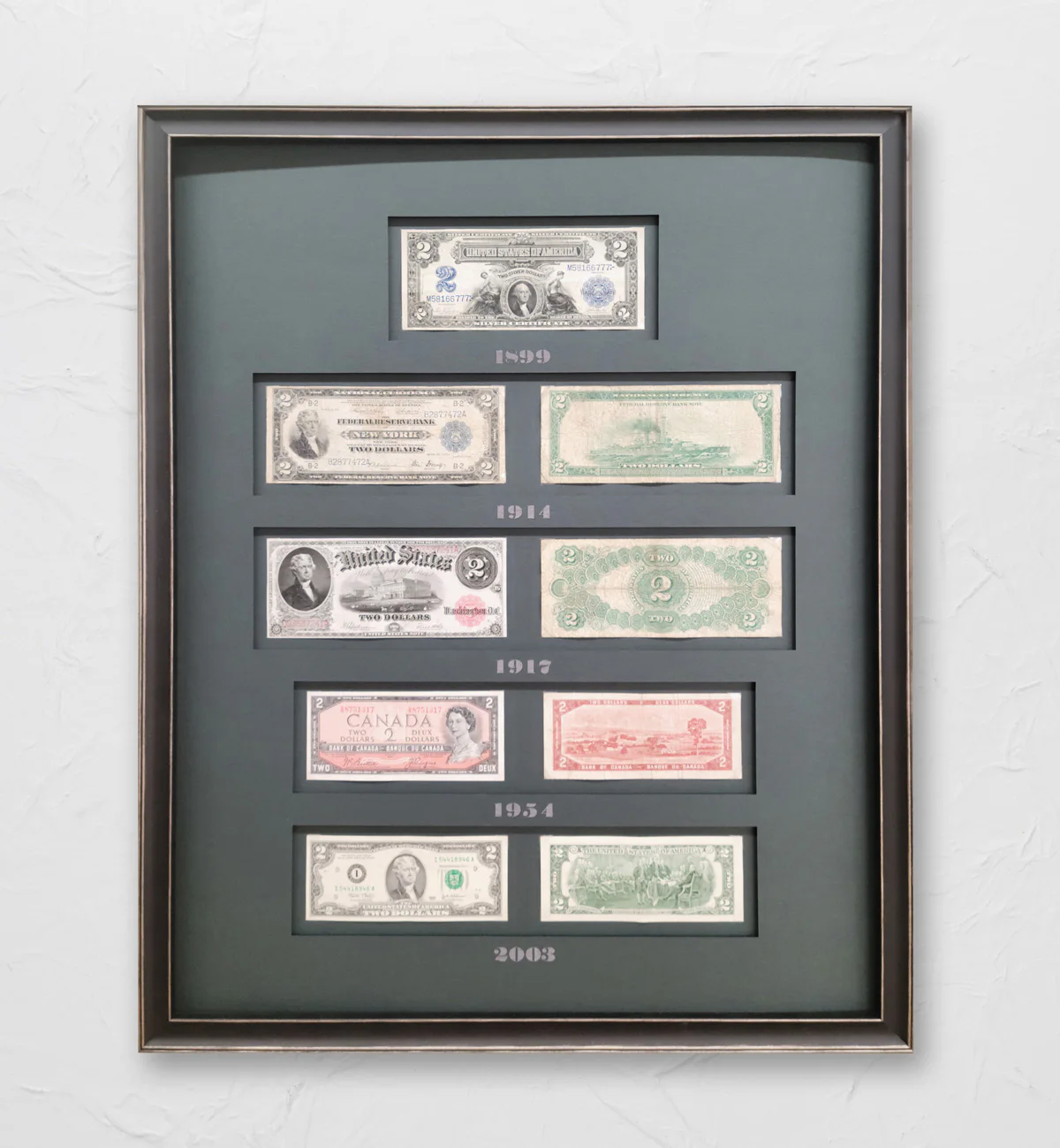 Framed display of historical banknotes arranged in vertical order with years 1899, 1914, 1917, 1954, and 2003 indicated beside them.