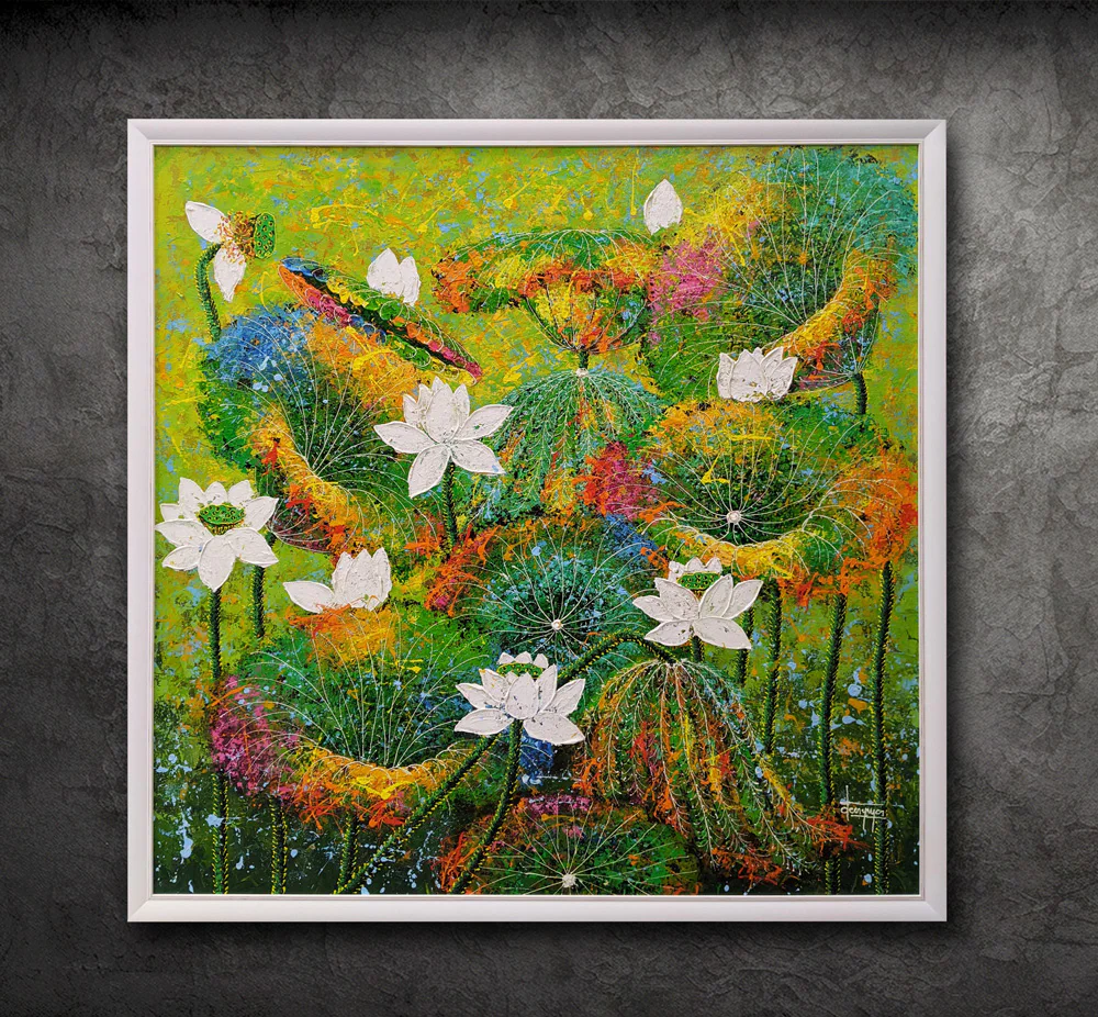 A vibrant painting with green, yellow, pink, and blue hues depicts white lotus flowers and leaves. It is framed in white and set against a dark textured background.