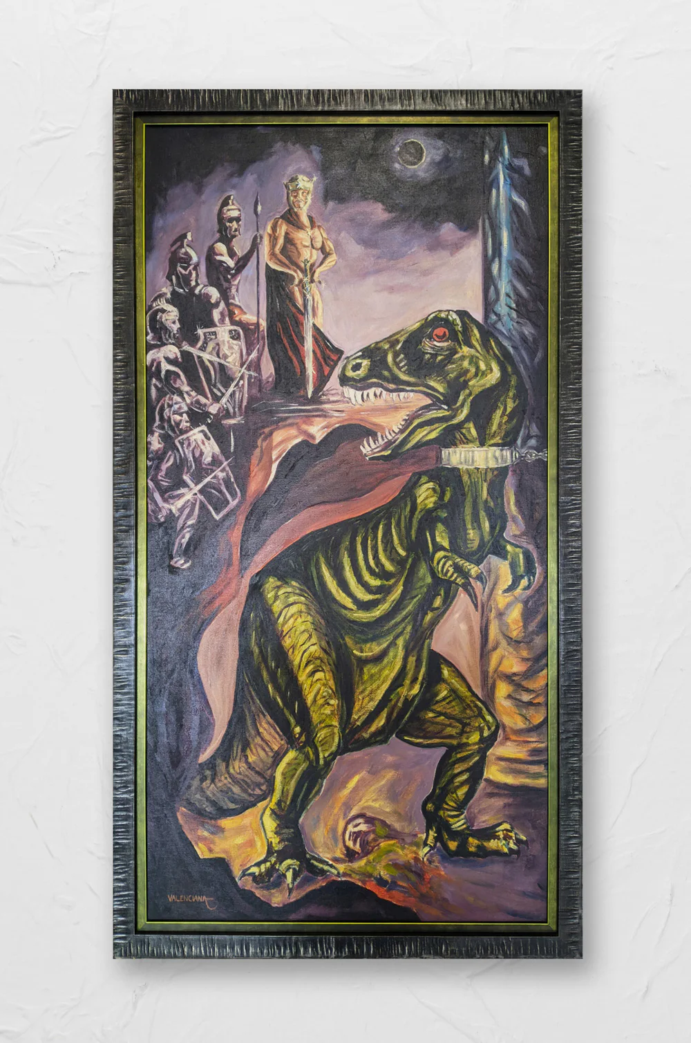 Painting depicting a muscular, crowned man with a sword and a chained dinosaur. Warriors with shields and spears stand in the background. A dark, ominous sky and a partial moon are above.