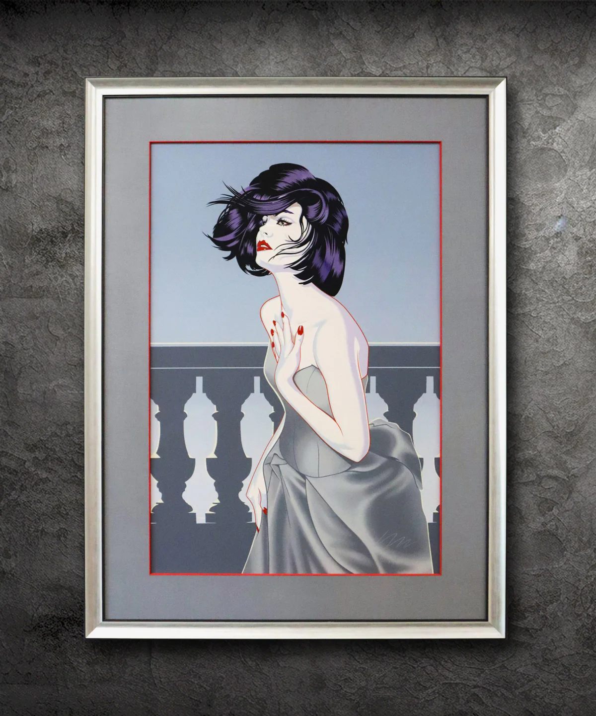 A framed painting depicts a woman with short dark hair and red lips, in a gray strapless dress. She stands in front of a balcony railing with a blue sky in the background.