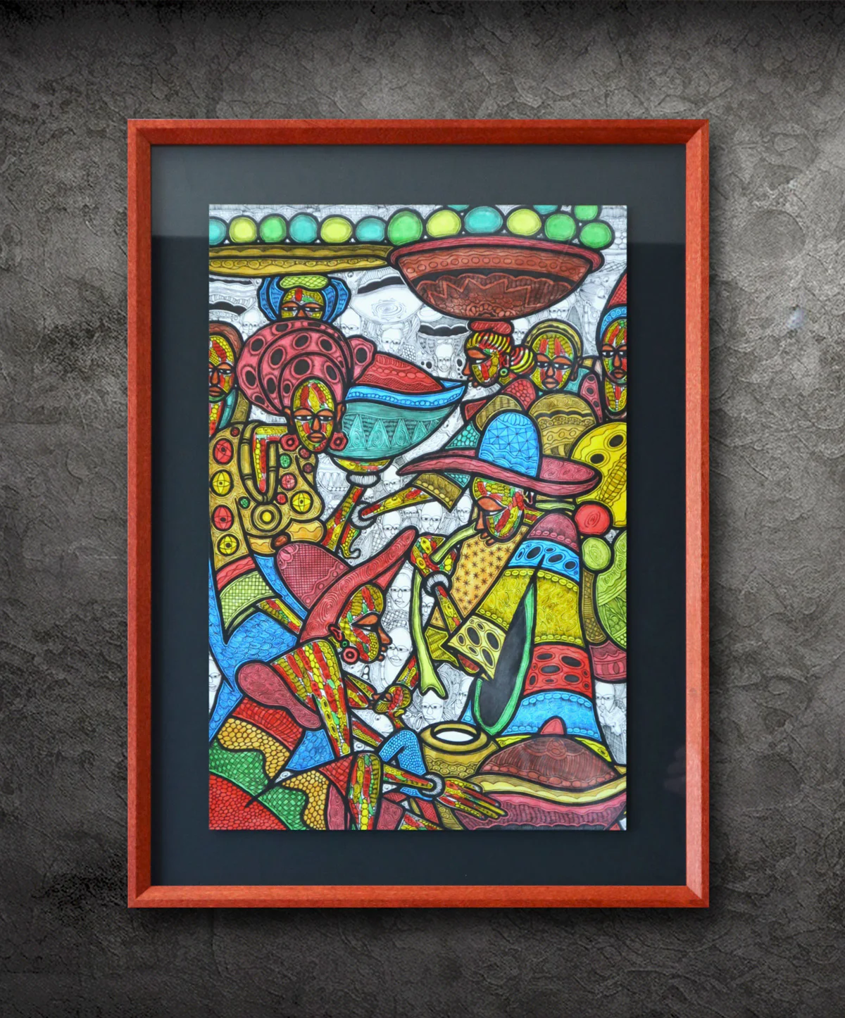 Colorful, abstract painting with various figures and shapes, primarily in red, yellow, blue, and green. The artwork is in a black matte with a red wooden frame, mounted on a textured gray wall.