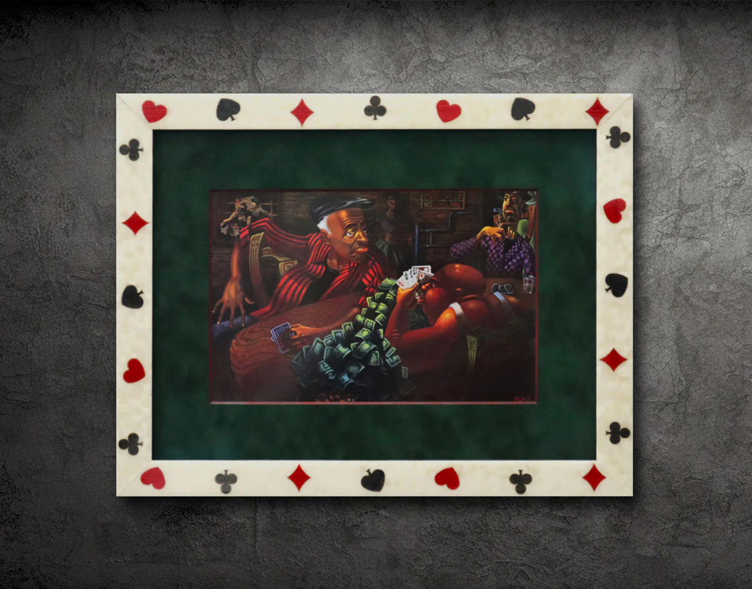 Painting of two people playing cards, with one pushing a large pile of money. The frame is adorned with card suit symbols (hearts, diamonds, clubs, spades) against a dark, textured wall.
