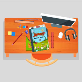 A wooden desk with a computer monitor, headphones, stationery, and an illustrated book titled 