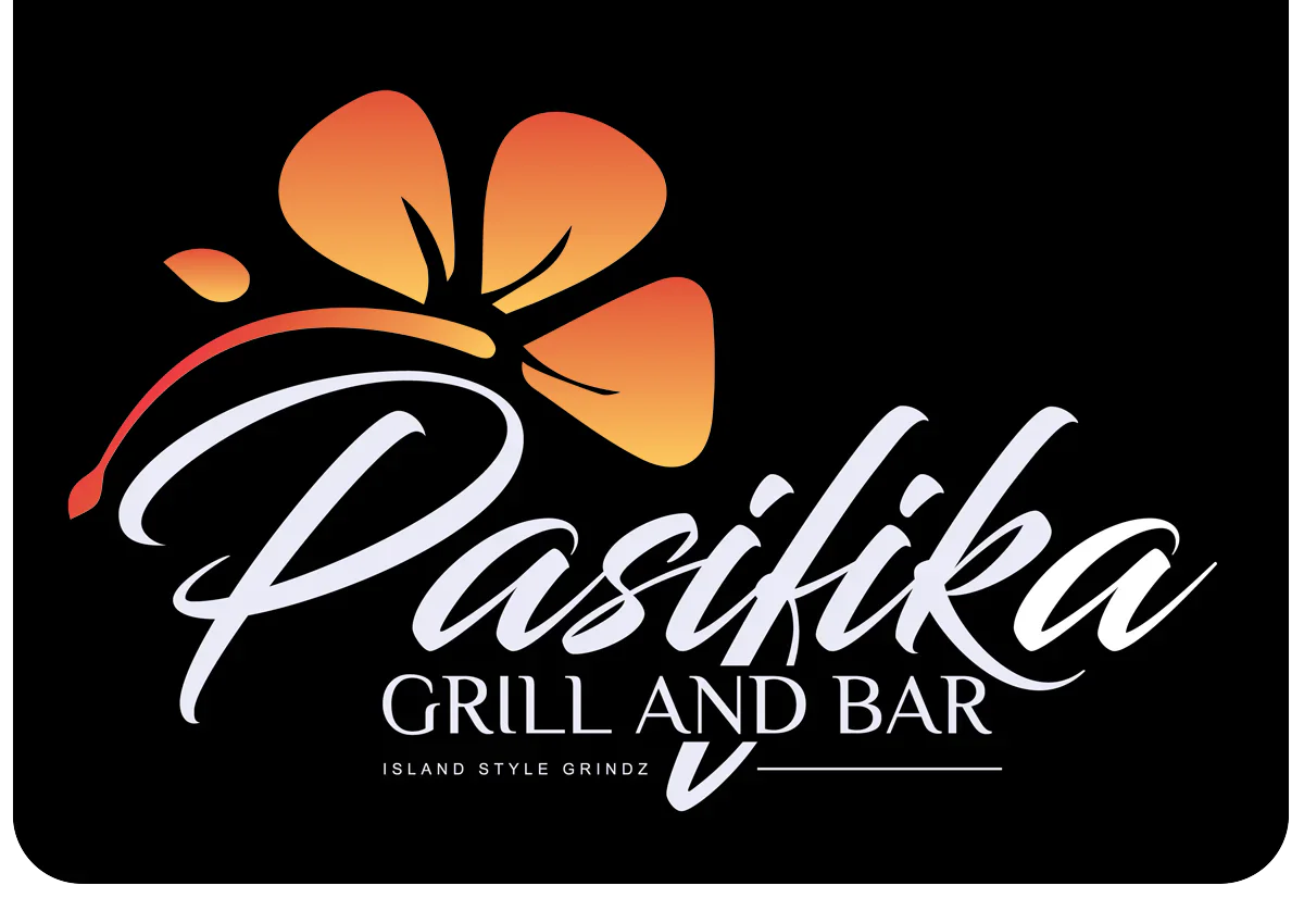 Logo of Pasifika Grill and Bar on a black background. Features a stylized orange and yellow hibiscus flower above the script 