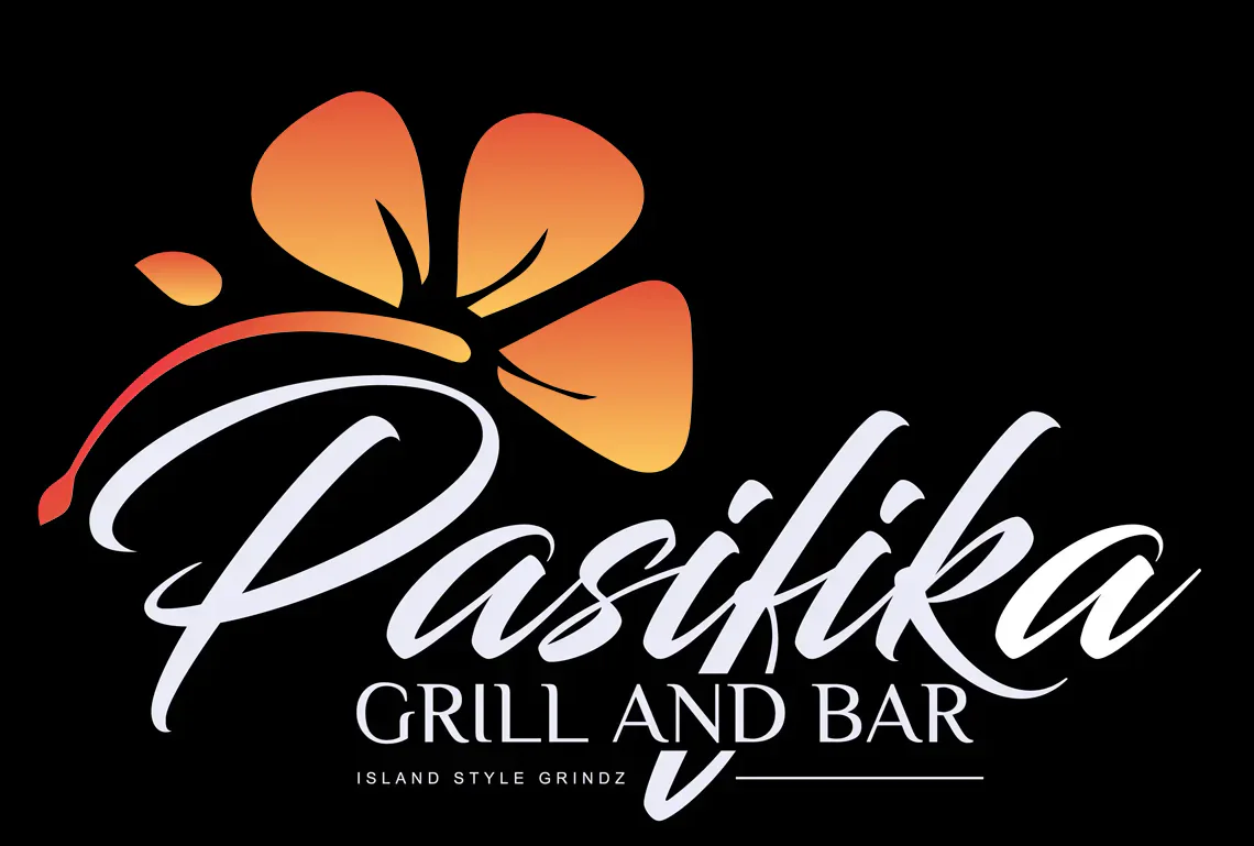 Logo of Pasifika Grill and Bar on a black background. Features a stylized orange and yellow hibiscus flower above the script 
