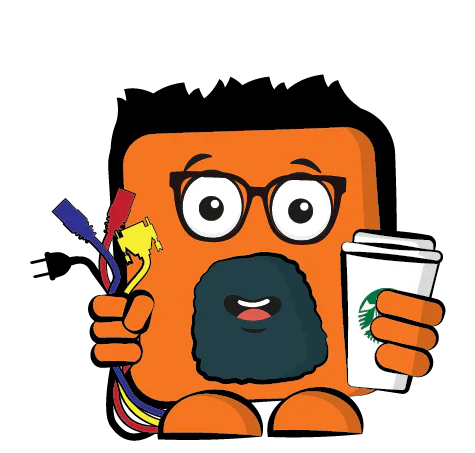Illustration of an orange cartoon character with glasses and a beard, holding colorful cables in one hand and a coffee cup with a green logo in the other.